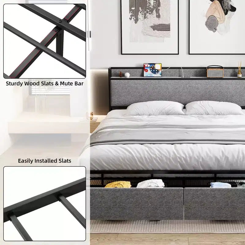 Telaio letto King Size con 2 cassetti portaoggetti, telai letto moderni con testiera a scaffale imbottita, senza rumore, non necessita di rete a molle, grigio