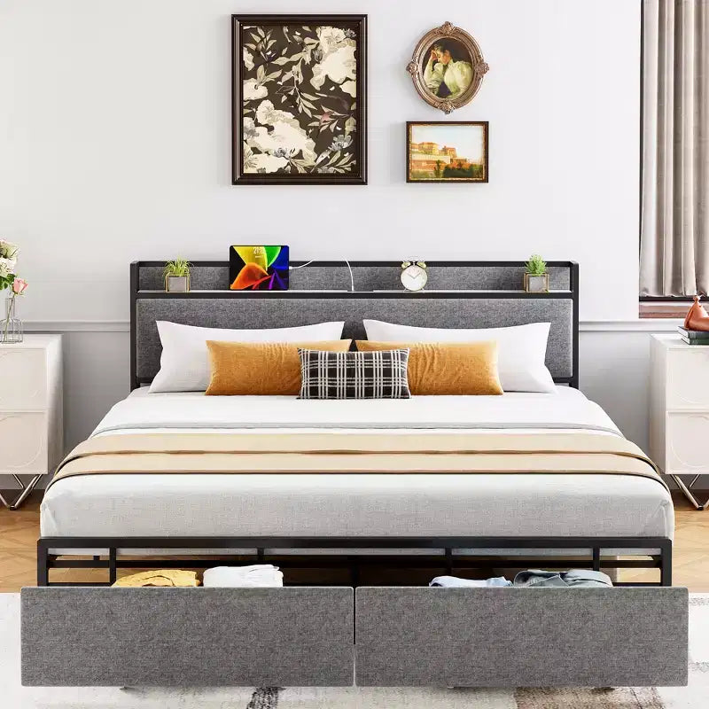 Telaio letto King Size con 2 cassetti portaoggetti, telai letto moderni con testiera a scaffale imbottita, senza rumore, non necessita di rete a molle, grigio