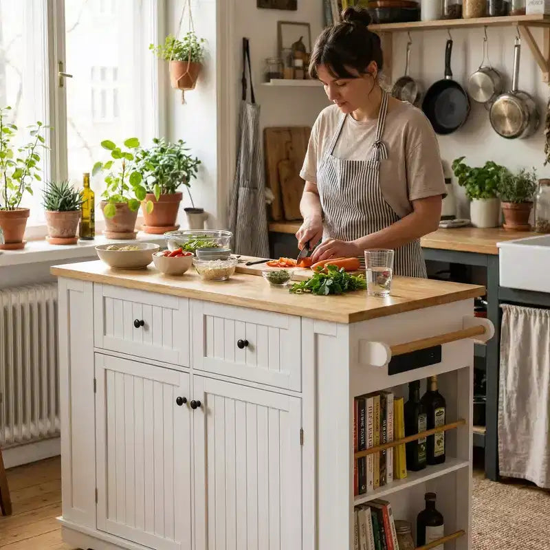 Carrello da Cucina con Isola, Ribaltina, Mobile Contenitore e Ruote