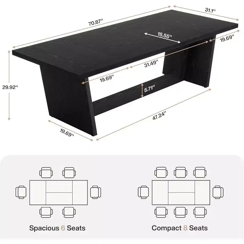 Tavolo da pranzo rettangolare grande in legno stile rustico da 70,87" per 6-8 persone, piedistallo nero
