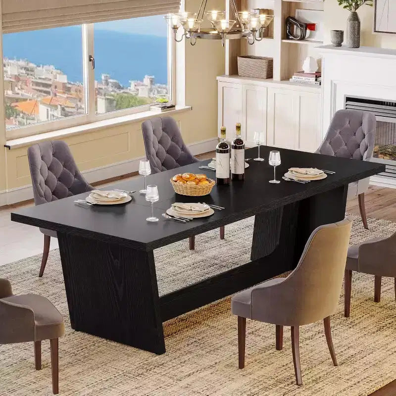 Tavolo da pranzo rettangolare grande in legno stile rustico da 70,87" per 6-8 persone, piedistallo nero